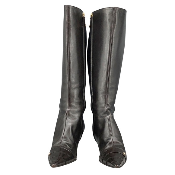 Chanel Vintage 2000s Brown Leather Knee High Pointed Toe Kitten Heel Boots - Picture 5 of 9